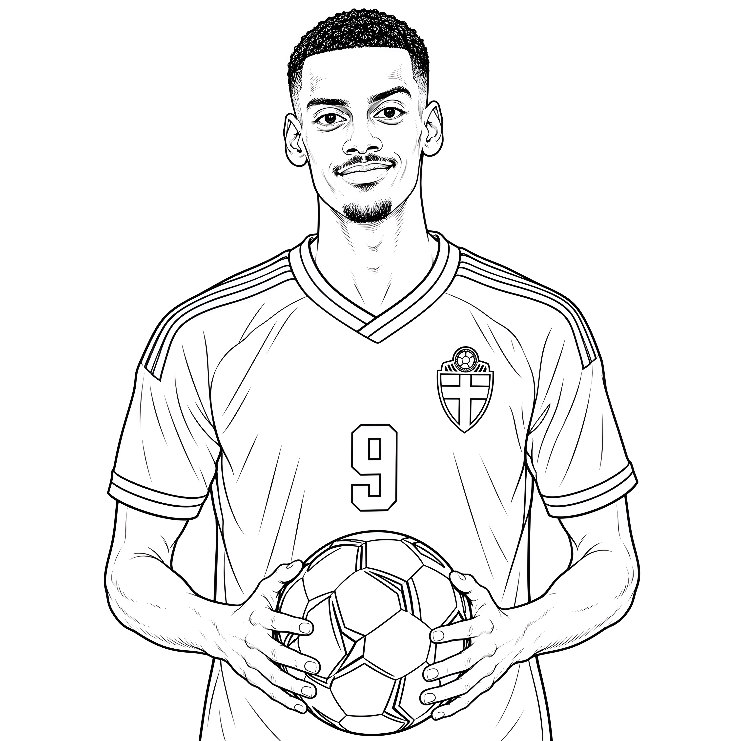 Svartvit målarbild av Alexander Isak som håller en fotboll framför sig, i en tröja med sköldemblem och nummer 9.