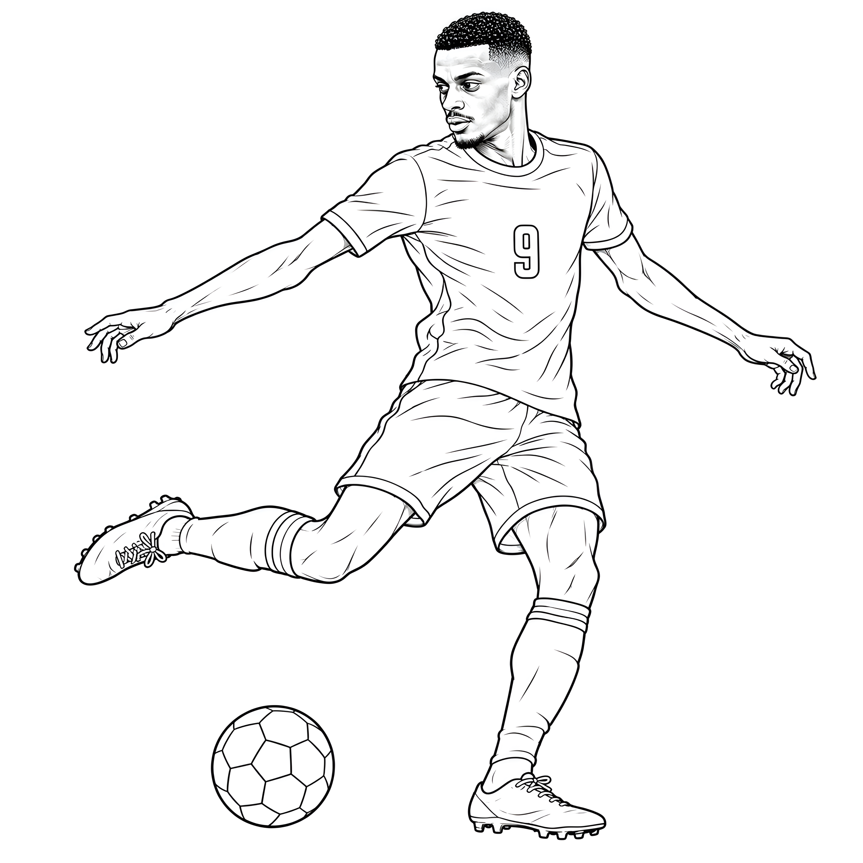 Alexander Isak i en fotbollsuniform med nummer 9, sträcker ut armarna och gör sig redo att träffa bollen i en målarbild.