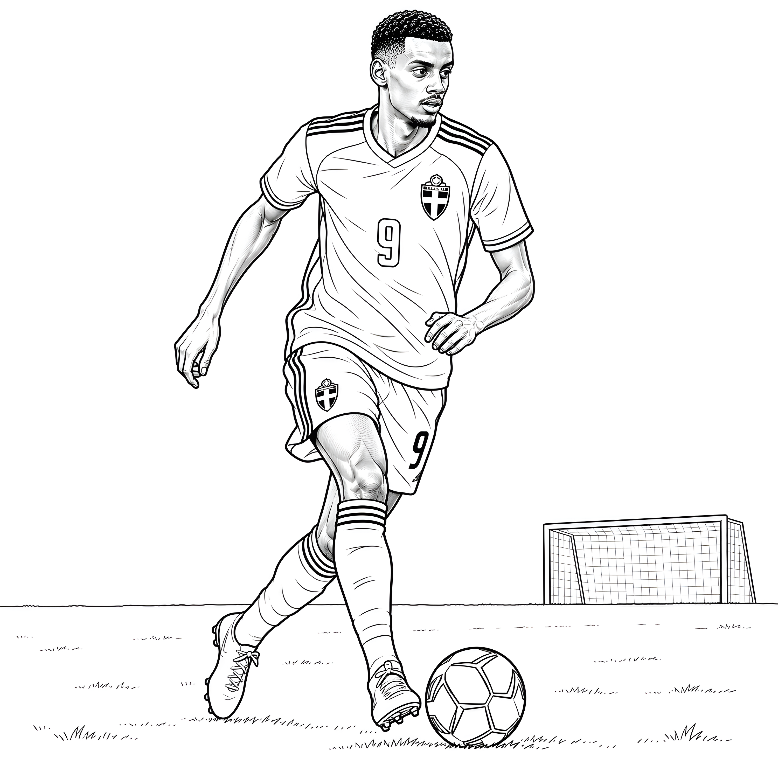 Alexander Isak springer med en fotboll på planen i en målarbild med Sveriges landslagströja.