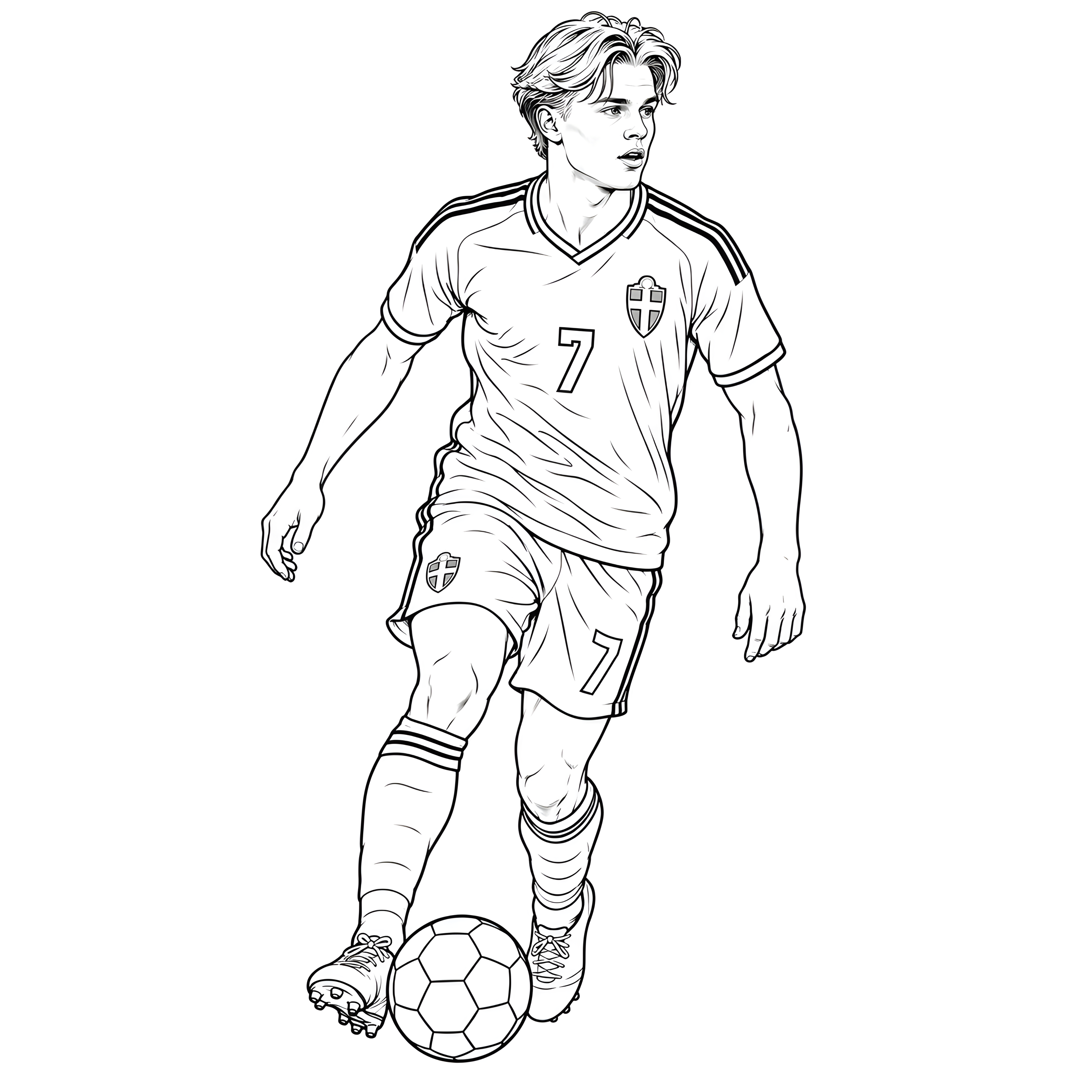 Lucas Bergvall i en fotbollsdribbling med bollen framför sig, svartvit fotbollsbild att färglägga