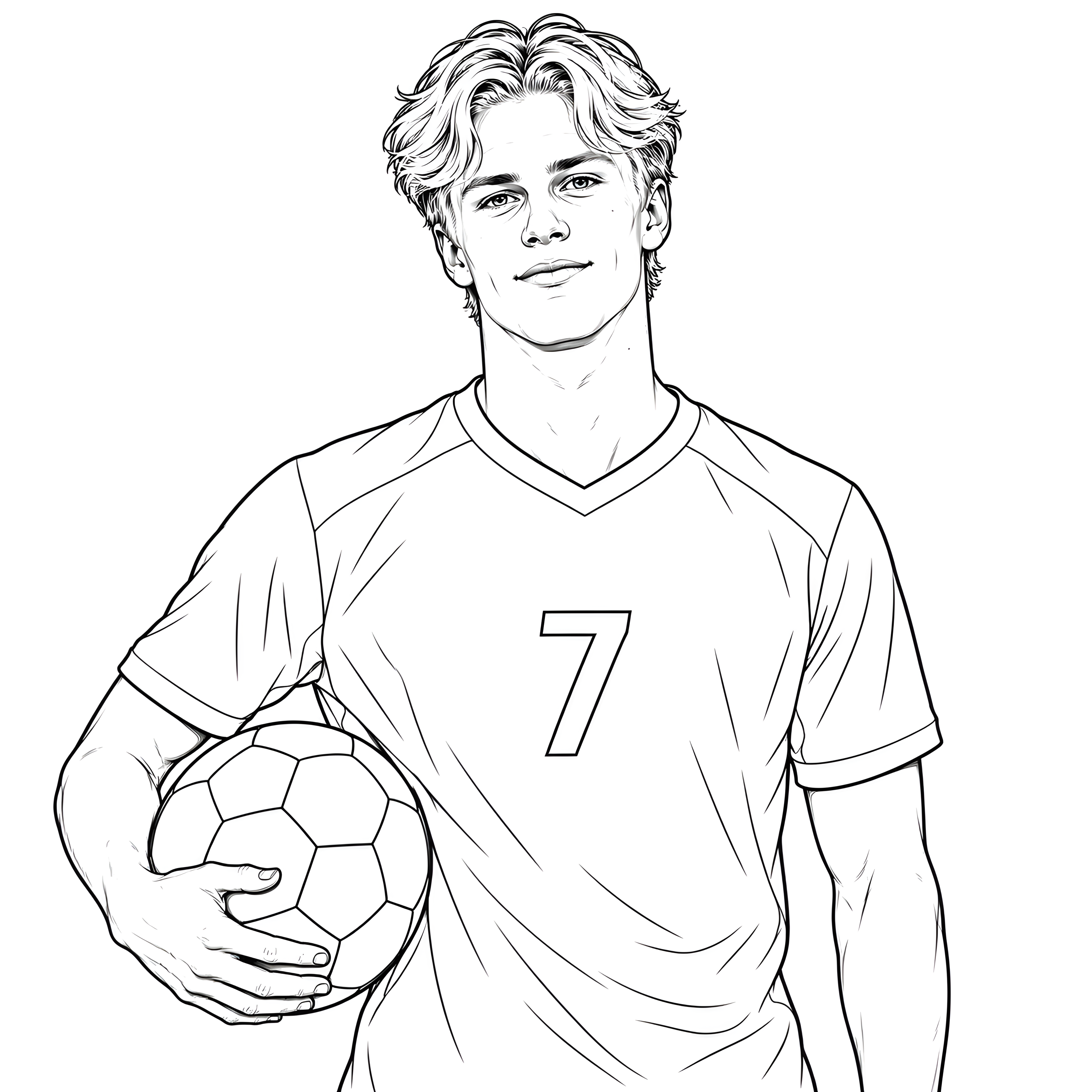 Lucas Bergvall håller en fotboll under armen i en tröja med nummer 7 – fotbollsmotiv som målarbild.