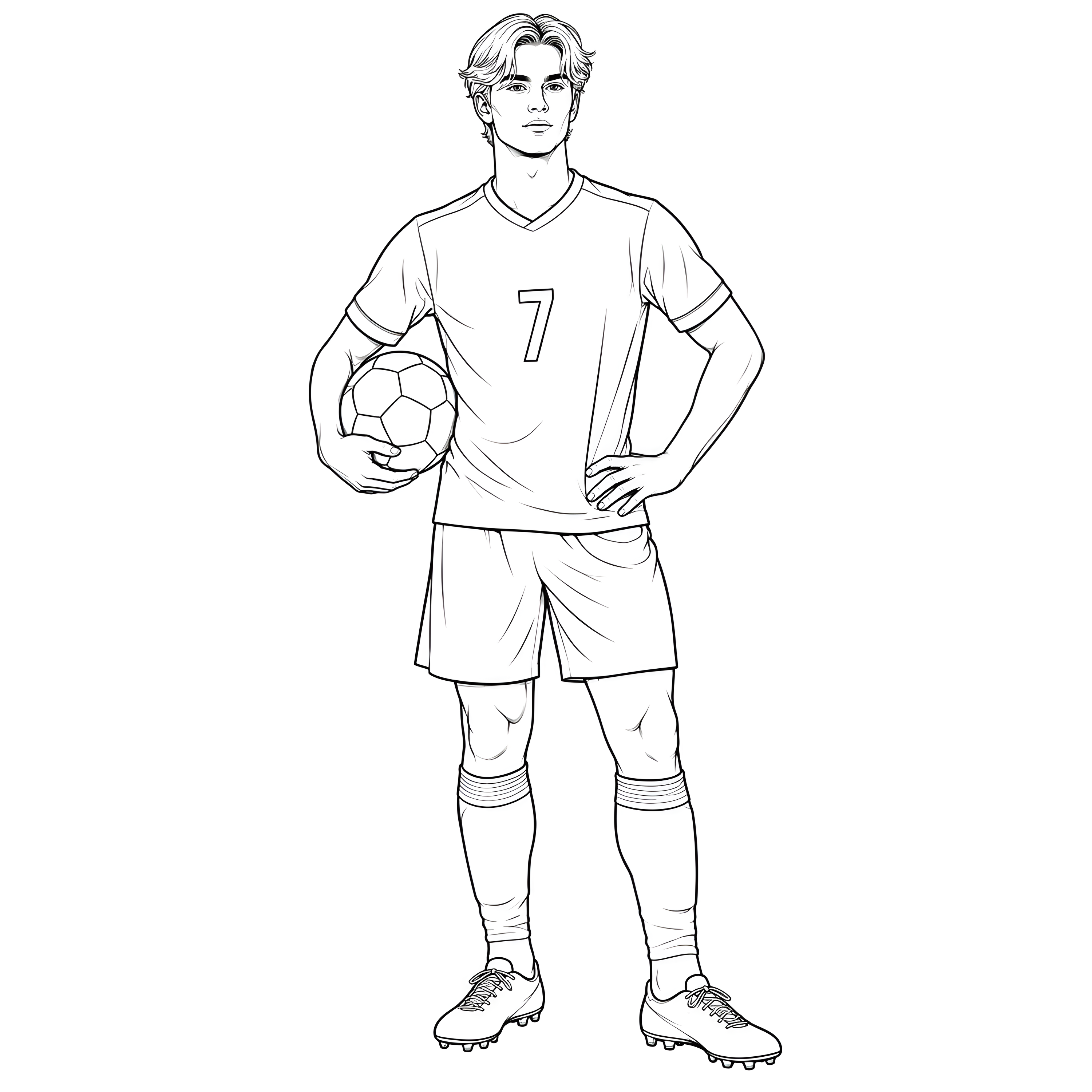 Lucas Bergvall i fotbollsställ, med bollen under ena armen och andra handen på höften – målarbild att färglägga.