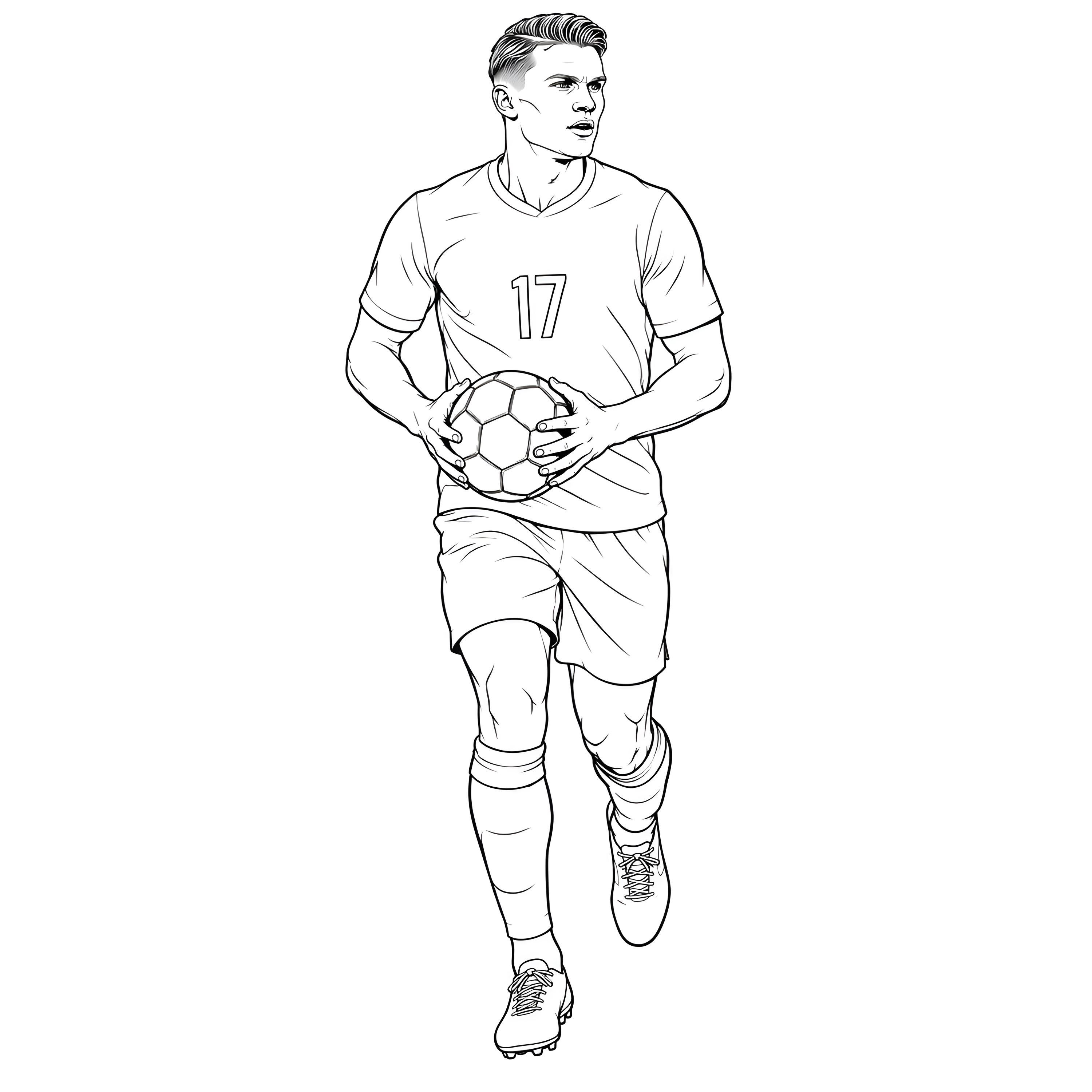 Viktor Gyökeres håller en fotboll framför kroppen i en fotbollsdräkt – målarbild att färglägga.