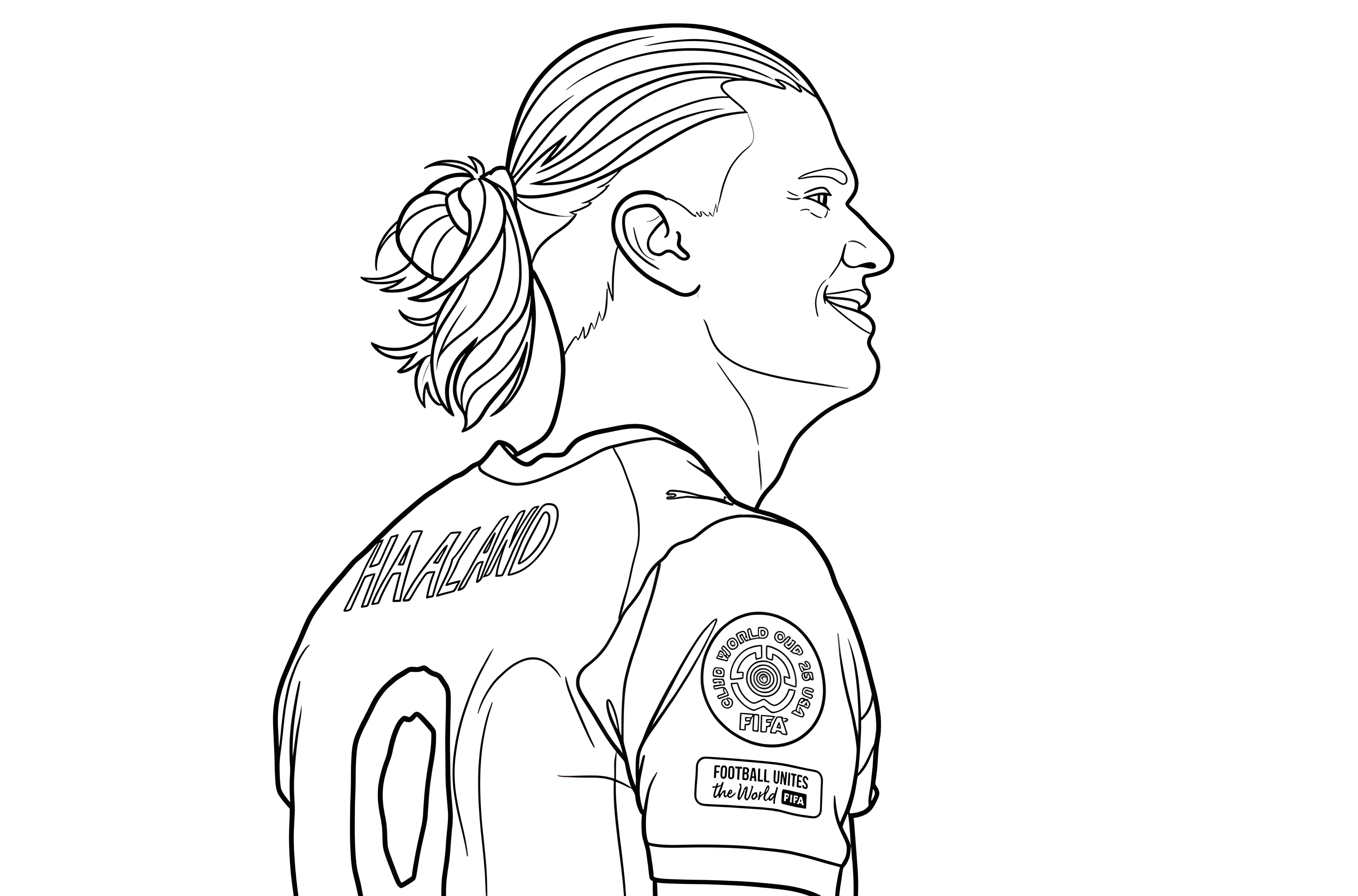 Erling Haaland ler i profil, sedd bakifrån i en fotbollströja, som målarbild att färglägga.