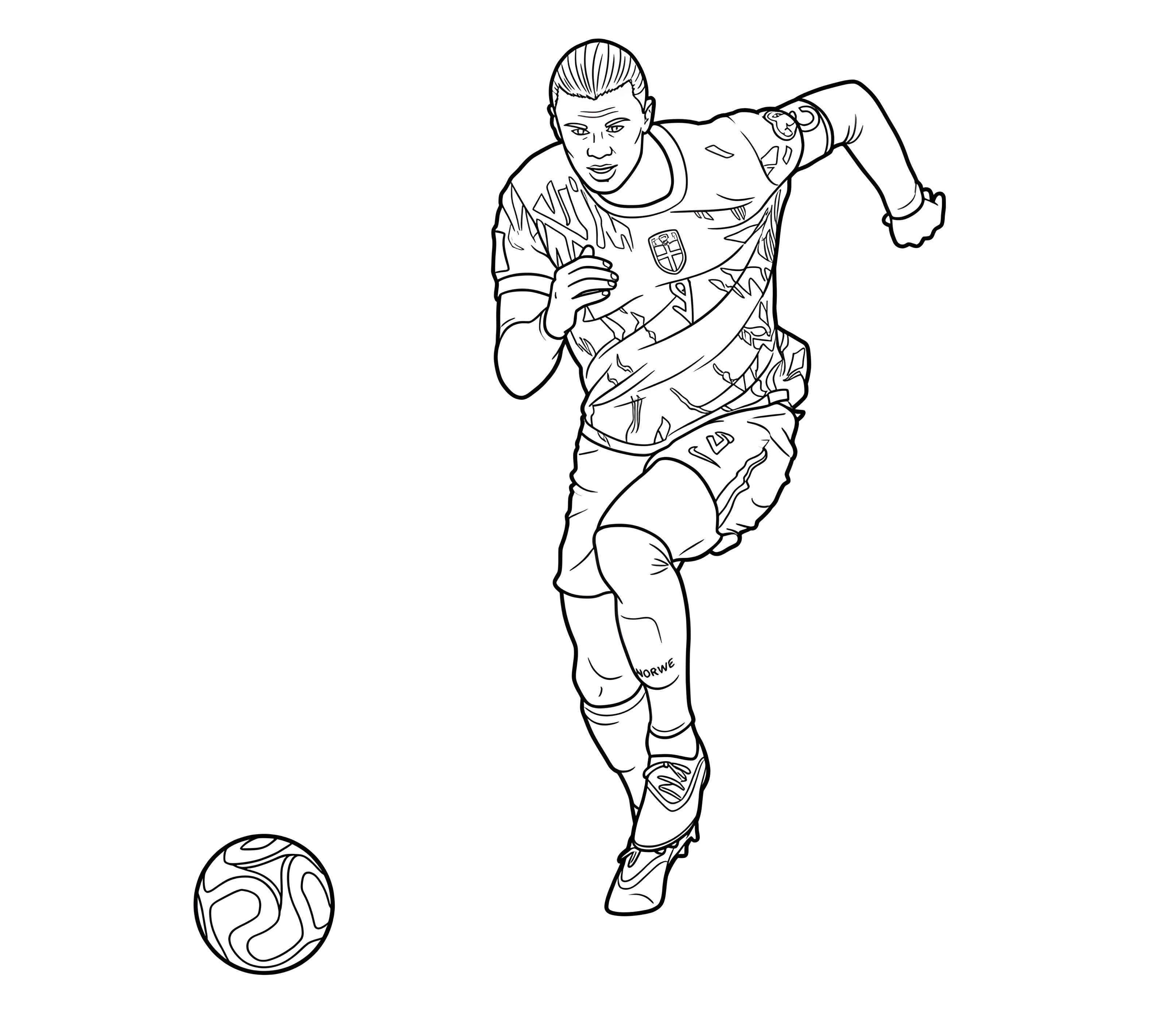 Erling Haaland springer framåt i Norges landslagströja med en fotboll bredvid sig, målarbild att färglägga.