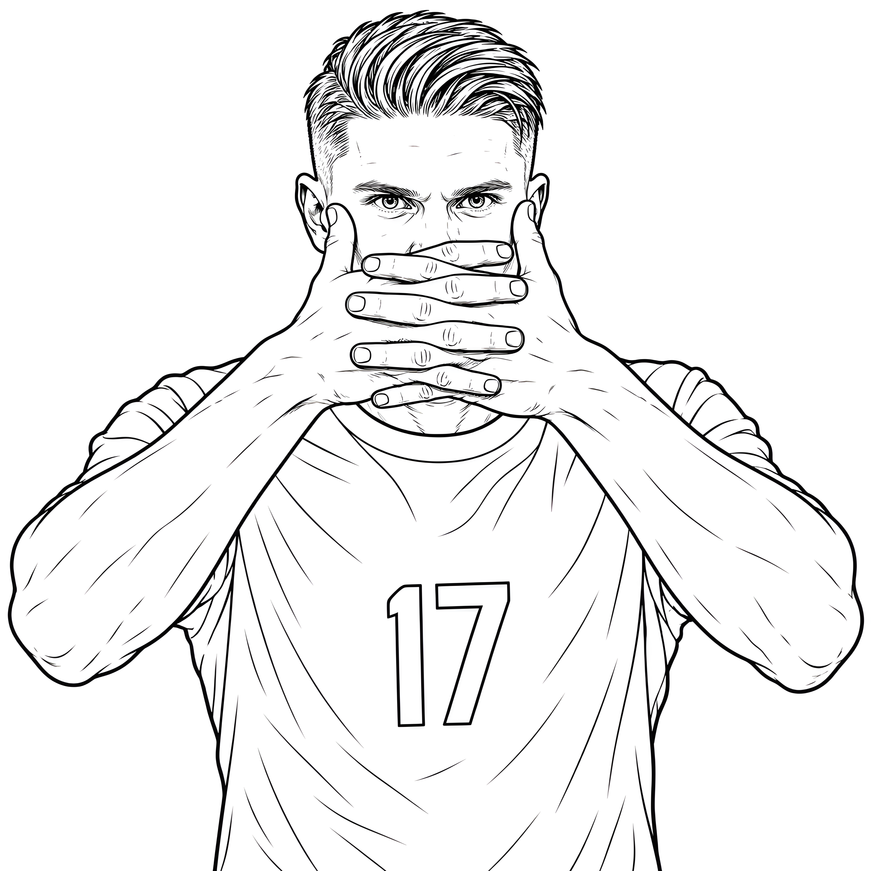 Viktor Gyökeres i en fotbollsillustration med händerna framför munnen, målarbild att färglägga.
