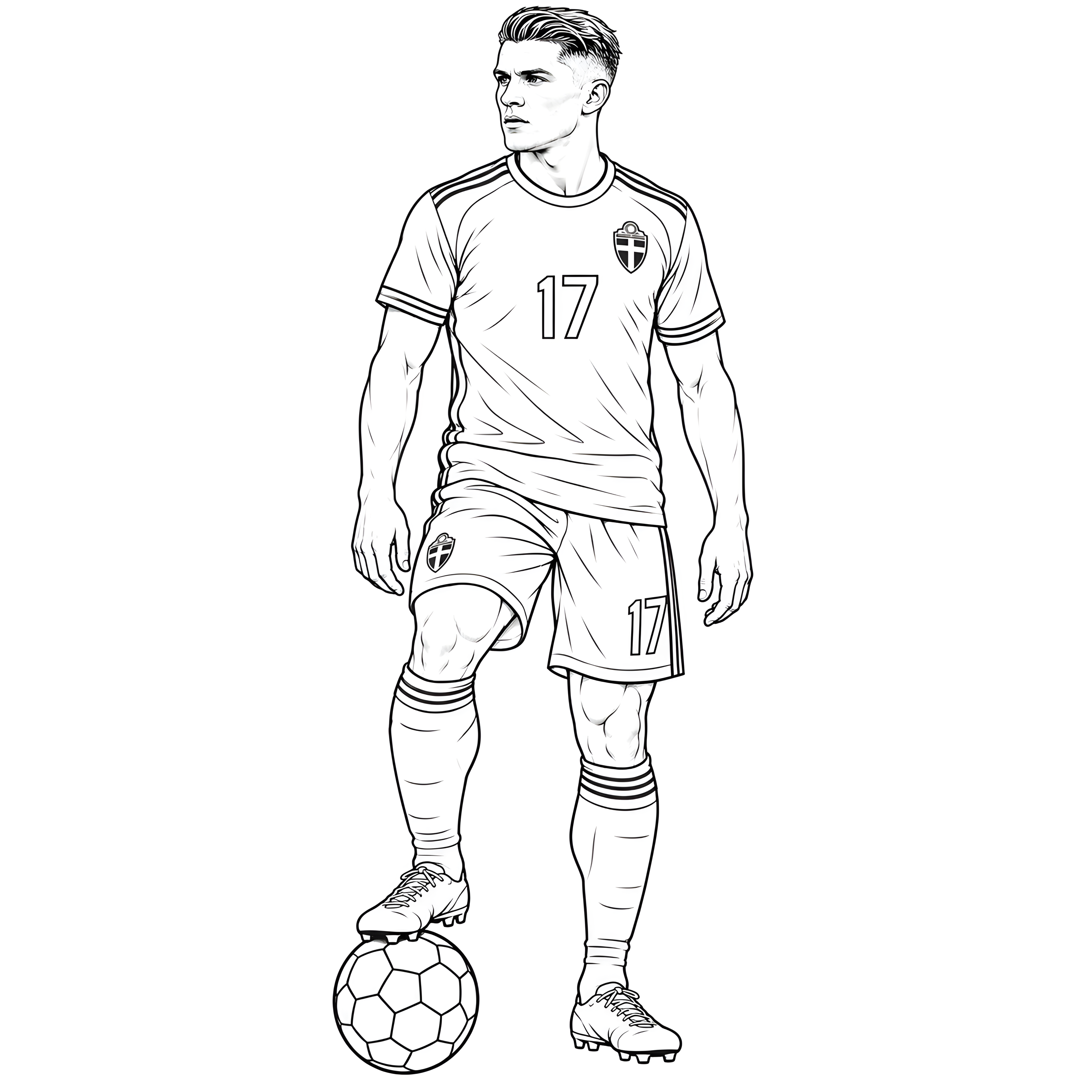 Viktor Gyökeres i en fotbollsspelarillustration för färgläggning, stående med ena foten på bollen och nummer 17 på matchstället.